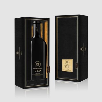 Aufbereitete Pappwein-Geschenk-Verpackenkästen, einzelnes Wein-Flaschen-Kasten-Dia heraus schwarz